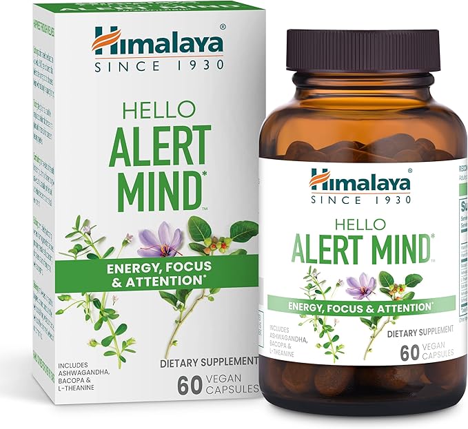 Himalaya Hello Alert Mind with L-Theanine, Ashwagandha, Bacopa, Vitamin B6 & B12, for Energy, Focus & Attention, Vegan, Gluten Free, 60 Capsules