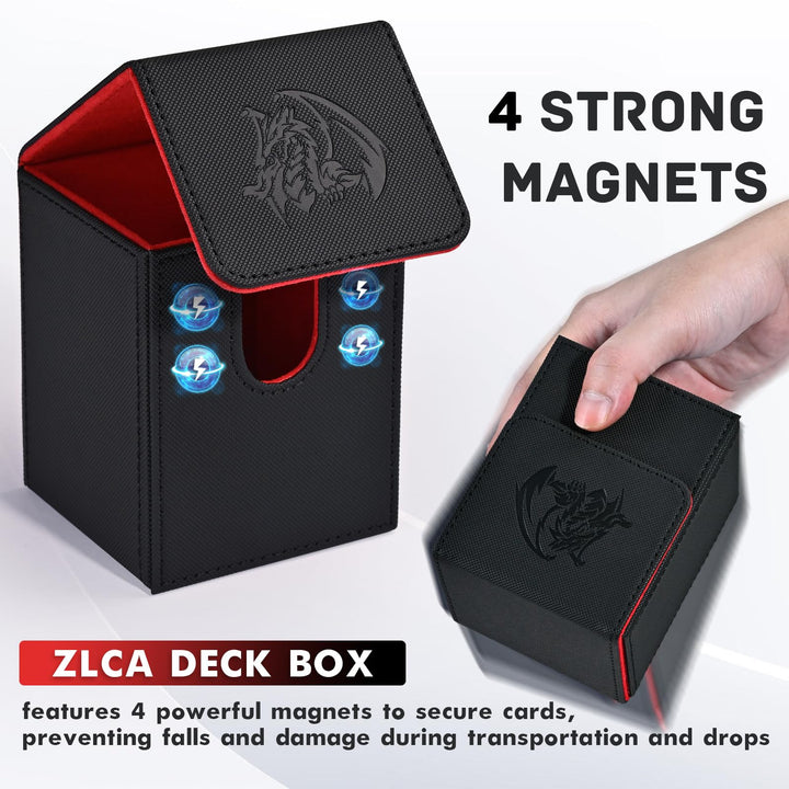 ZLCA Card Deck Box for Trading Cards with 2 Dividers, Card Storage Box Fits 100+ Single Sleeved Cards, PU Leather Card Deck Case Holder for Magic Commander TCG CCG （Black&Red,Emperor Dragon）