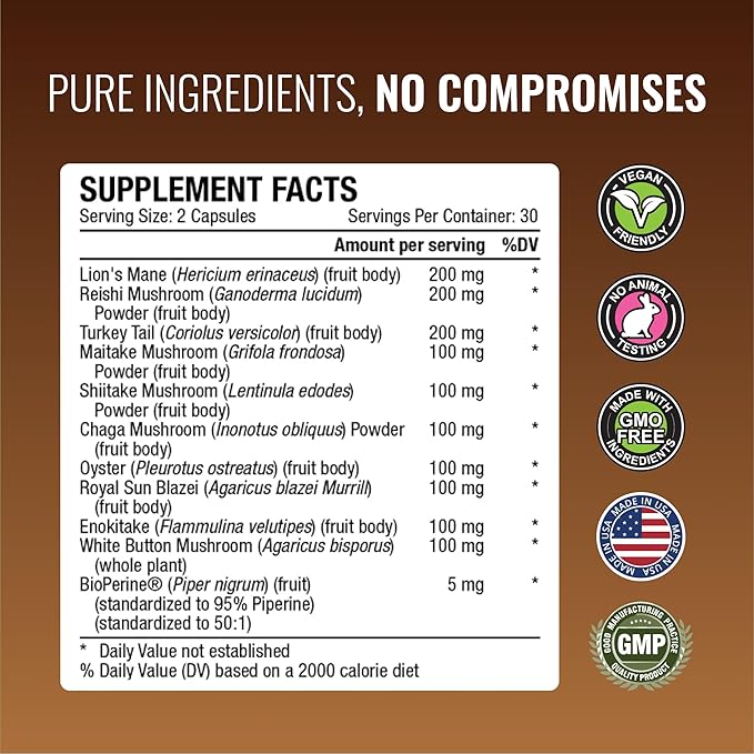 Approved Science Mushroom Complex - Support The Immune System and Cognitive Function - with Lion’s Mane, Chaga, Reishi, Turkey Tail, Shiitake, Oyster, and More - 6 Month Supply - Vegan