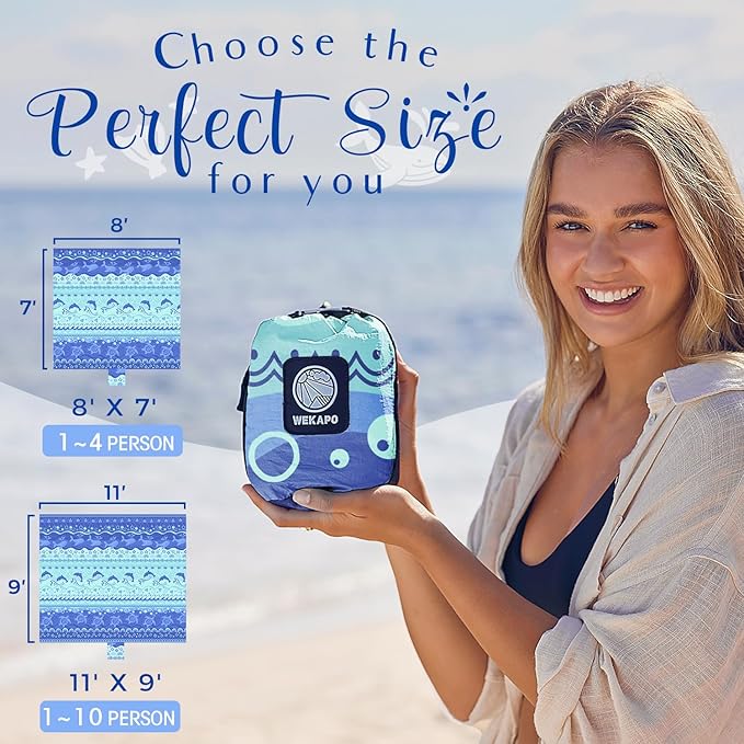 WEKAPO Beach Blanket Waterproof Sandproof Oversized Extra Large Sand Free Beach Mat with Stakes, Storage Bag - Essentials for Outdoor Beach, Picnic (Bohemian Sealife, 8 X 7 FT (1~4 Person))