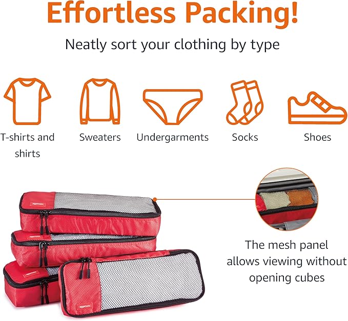 Amazon Basics Slim Packing Cubes for Travel, Packing Organizers, 4-Piece-Set With Double Zipper Pulls and Mesh Top Panel, 100% Durable Polyester, Red, 14"L x 5"W x 3"H