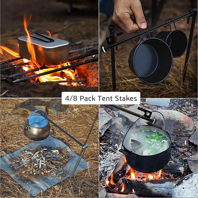 8 Pack Tent Stakes Heavy Duty Metal Tent Pegs with 10in Steel Tent Stakes+Fluorescent Silicone Rings+Special Bag for Camping Used on Rocks, Grassland (10in - 8 Pack)