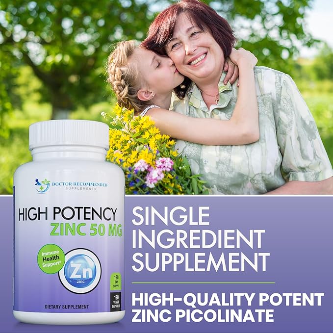 Zinc 50mg - Zinc Picolinate Immune Health Support Supplement 120 Veggie Capsules for Adults and Kids Vitamin, Well-Absorbed High Potency Pure Zinc Supplements - 50mg Per Serving