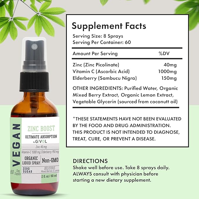 Organic ZINC Boost Mist 40 mg (Extra Strength) - Sugar Free with Vit C and Elderberry Extract - Vegan Liquid Spray for Kids and Adults - Easy Absorption - Non-GMO - (60 ml) 60 Days Supply