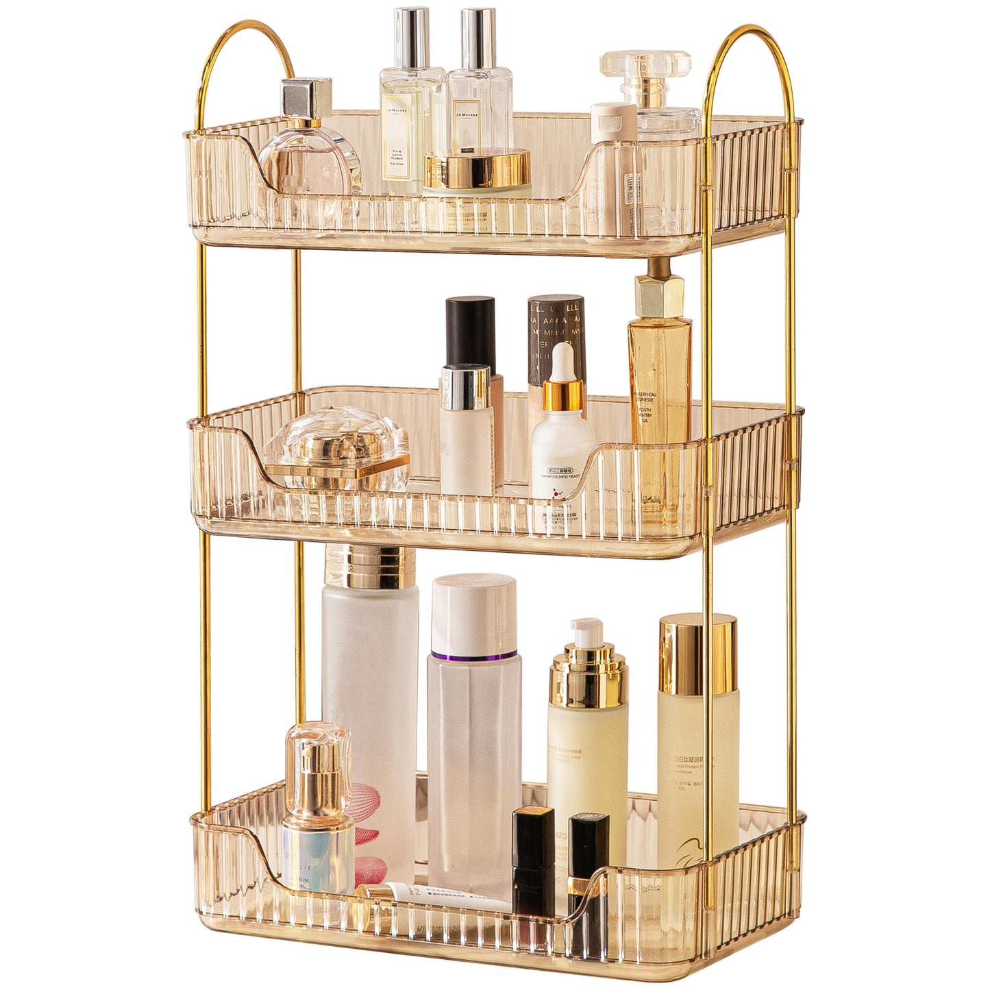 Bathroom Organiser Countertop, Vanity Trays for Bathroom, Skincare Makeup Organiser Shelf, Vanity Organiser, Bathroom Counter Shelf for Cosmetics, Toiletries, Lotions, Perfumes (3 Tiers, Amber)