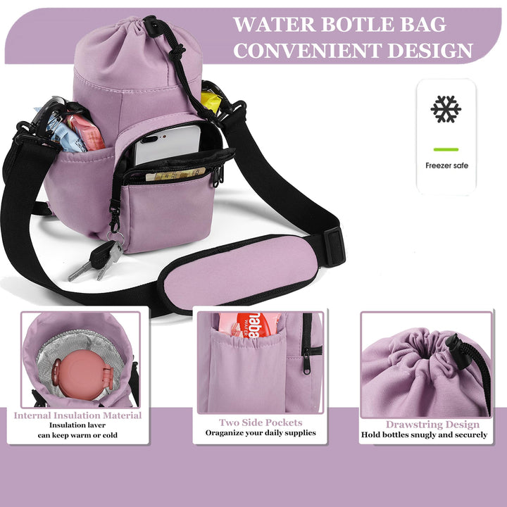 FCQQYWZ Water Bottle Carrier with Strap,64oz 87oz Sports Insulated Crossbody Water Bottle Bag with Adjustable Hand Shoulder Strap and 4 Pockets for Men Women Hiking Camping Travelling (Purple)