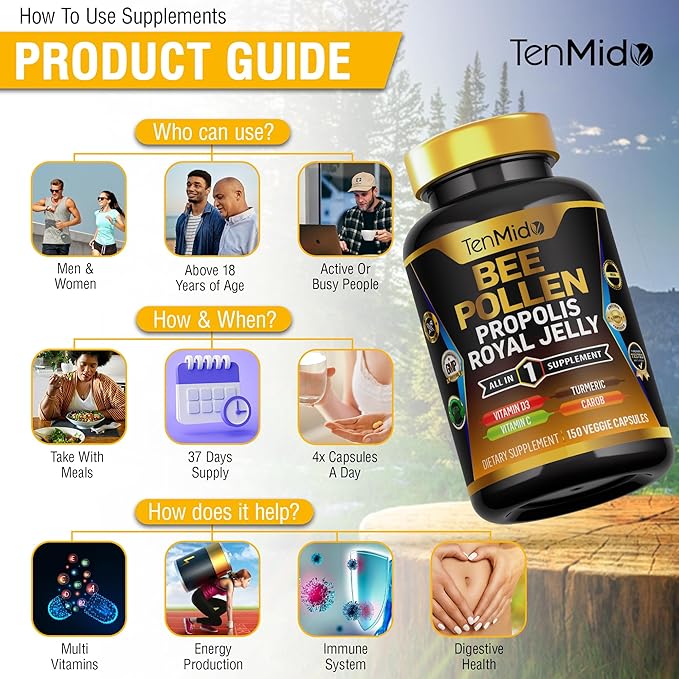 Organic Bee Pollen Supplement for Men and Women, 7in1 Formula with Propolis, Royal Jelly, Turmeric, Carob & More - Energy, Immune, Digestive Support - Rich in Nutrient, Vitamins - 150 Capsules