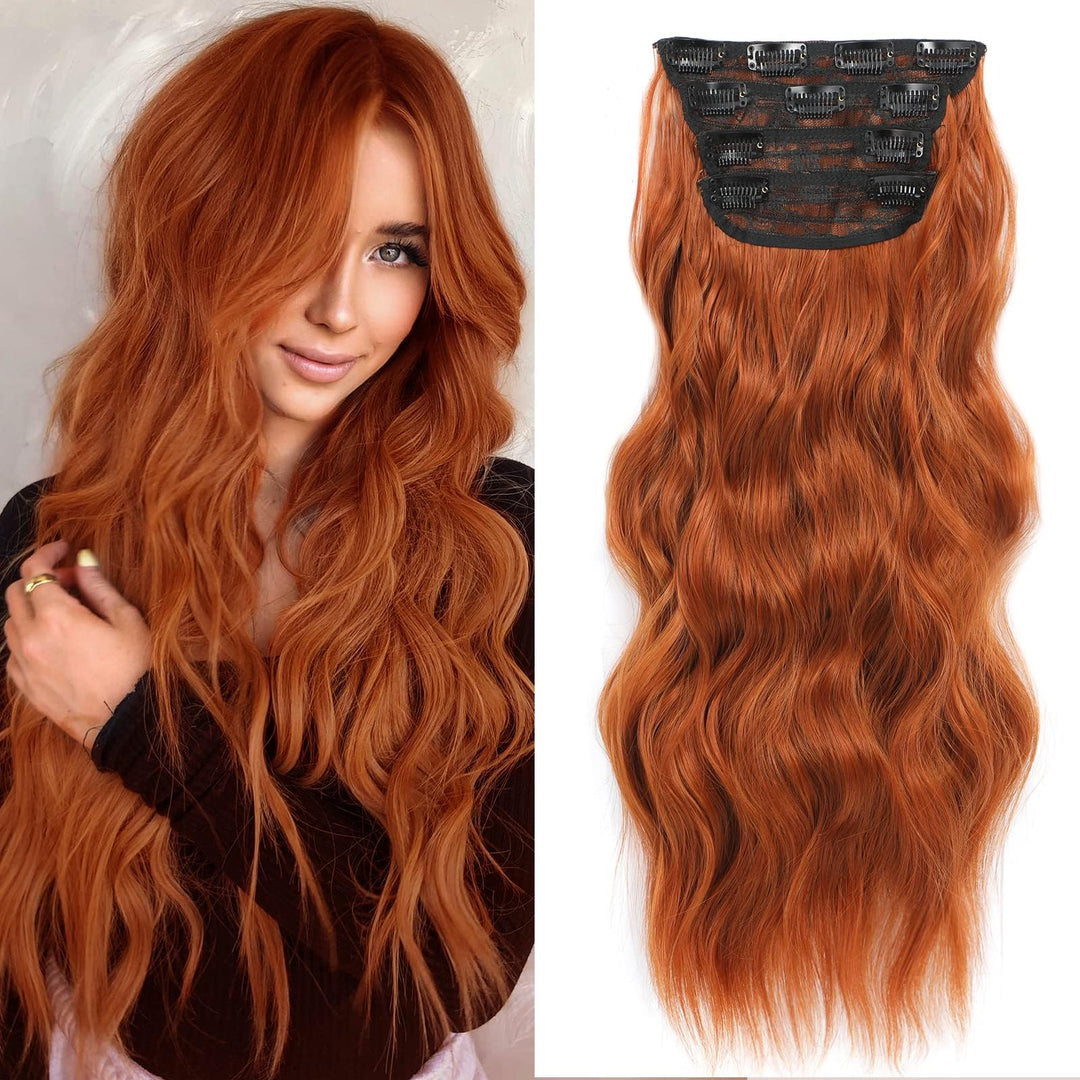 NAYOO Clip in Long Wavy Hair Extensions for Women 4PCS Copper Red Curly Synthetic Thick Hairpieces with Fiber Double Weft Hair Full Head（20 inch, Copper Red）