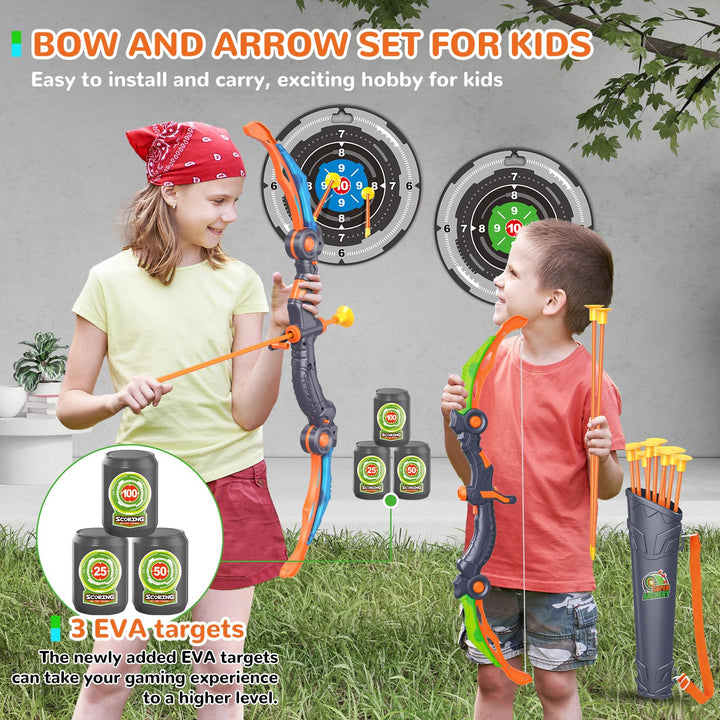 GMAOPHY Bow and Arrow for 5 6 7 8 9 10 11+ Year Old Boys, Birthday Gift for Kids, Indoor Outdoor Activity Toys, 2 Pack LED Light Up Archery Toy with 20 Suction Cup Arrows, Standing Target, 2 Quiver