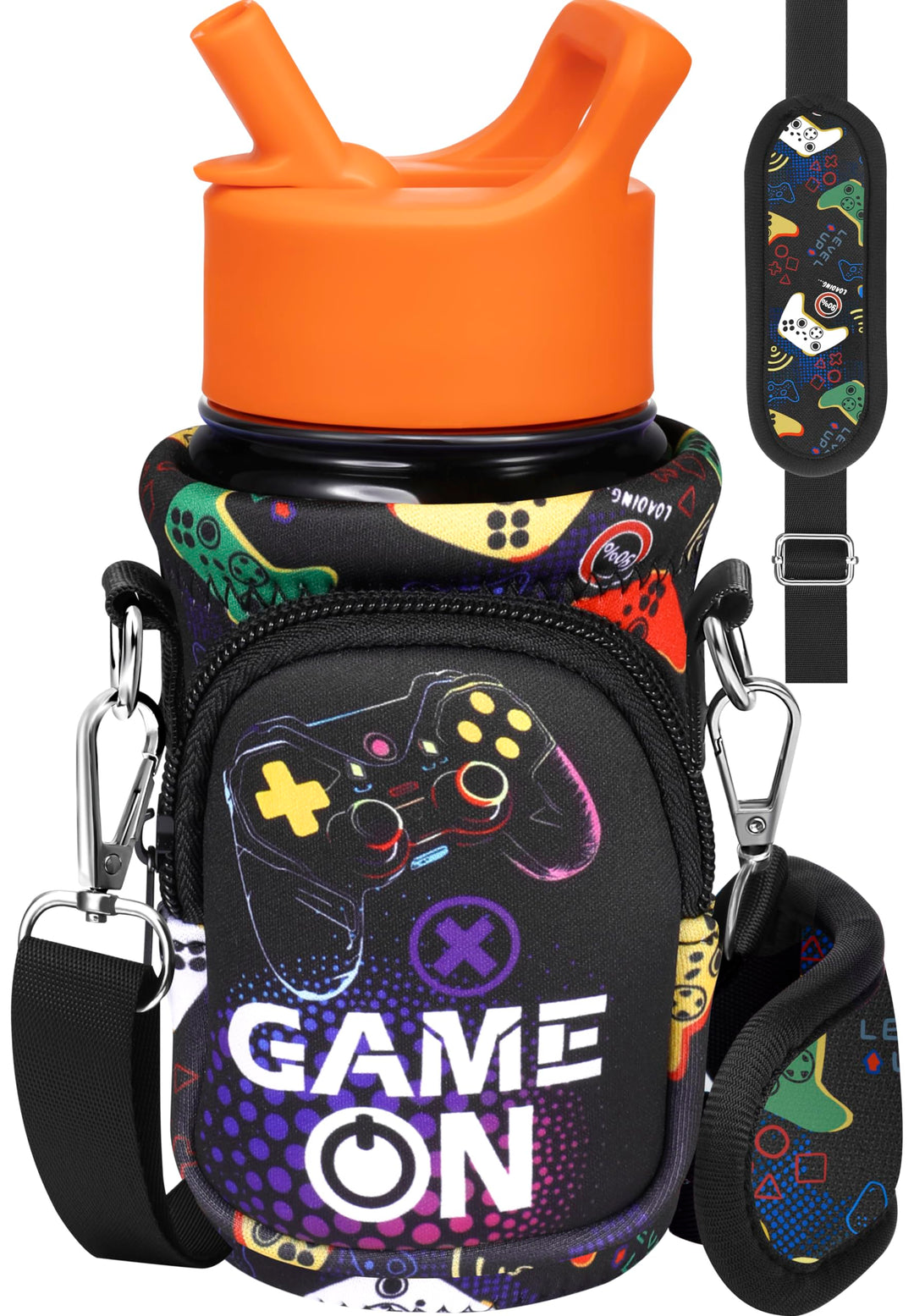 Miss Adola Water Bottle Carrier with Strap Cartoon Water Bottle Bags Holder for Kids Boys Girls Neoprene Insulated Bottle Bag for 10/12/14/16/18Oz Stainless Steel Glass Bottles Sleeve, Black Game On