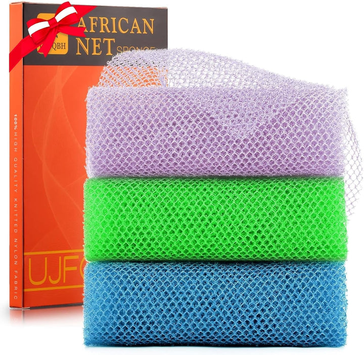 3-Piece African Net Bath Sponge Set | Exfoliating Shower Scrubber | Black, Blue, Brown