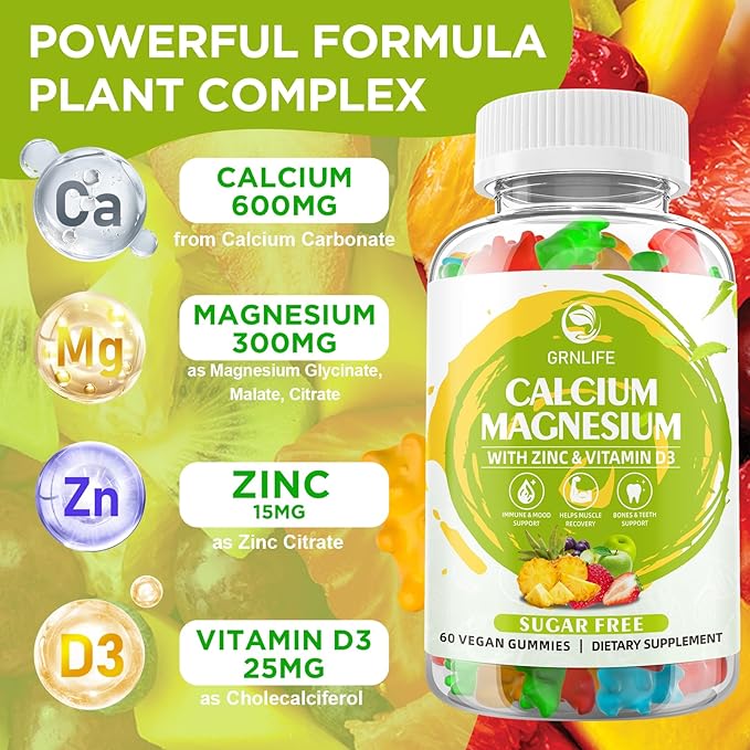 Calcium Magnesium Zinc Supplement with Vitamin D3, Sugar Free Calcium Gummies for Women Men, High Potency Magnesium Gummies for Bone & Muscle & Immune Health, Mixed Flavors - 60 Count