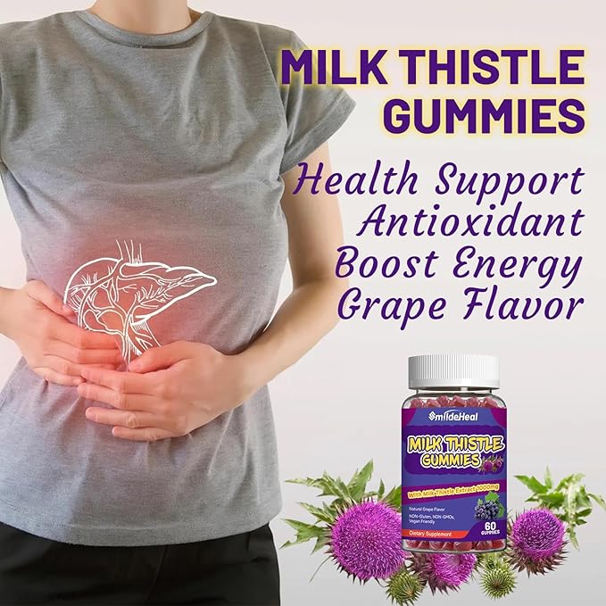Milk Thistle Gummies, Milk Thistle Extract 1000mg, Liver Detox, Antioxidant Support, Non-GMOs, Non-Gluten, Vegan, Milk Thistle Supplement, 60 Count(Pack of 2)