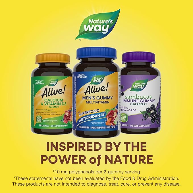 Nature's Way Alive! Men's Gummy Multivitamin, Supports Energy Metabolism*, Muscle Function*, Superfood Antioxidants(1), B-Vitamins, Vegetarian, Fruit Flavored, 60 Gummies (Packaging May Vary)