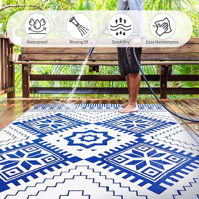 Waterproof Outdoor Rug 5x8ft, Boho Reversible Plastic Straw Mat for Patio RV Deck Porch Backyard Balcony Camping Picnic Beach Indoor Outdoor Carpet, Blue&White