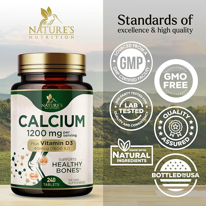 Calcium 1200 mg with Vitamin D3, Calcium Supplement Vitamins, Supports Bone Strength, Teeth & Immune System, Calcium Supplements for Women & Men, Nature's Absorbable Calcium Carbonate - 240 Tablets