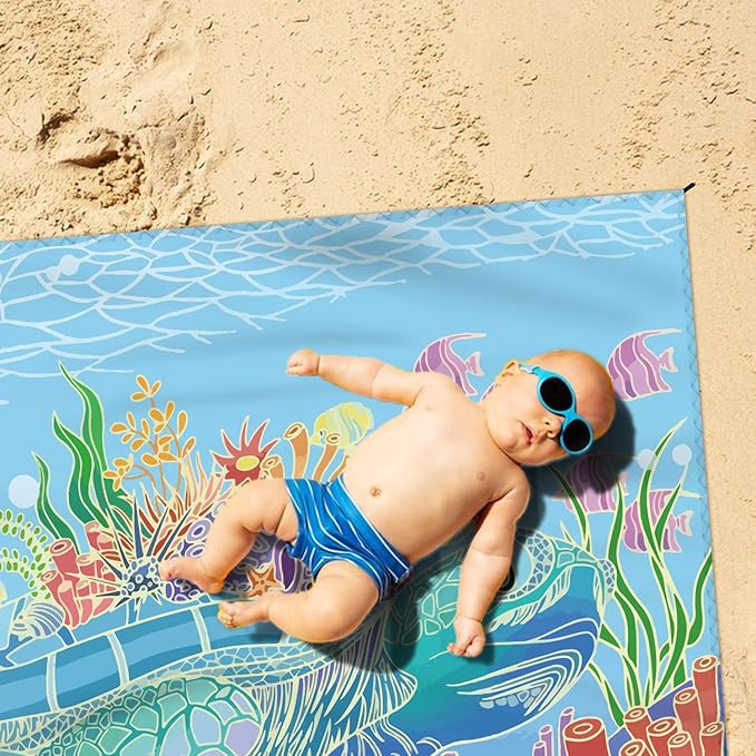 Beach Blanket Waterproof Sandproof Large Beach Mat 79" X 83" for 2-4 Adults Sand Free Mat Quick Drying,Lightweight & Durable with 4 Stakes & 4 Corner Pockets for Beach Travel Camping.(Sea Turtle)