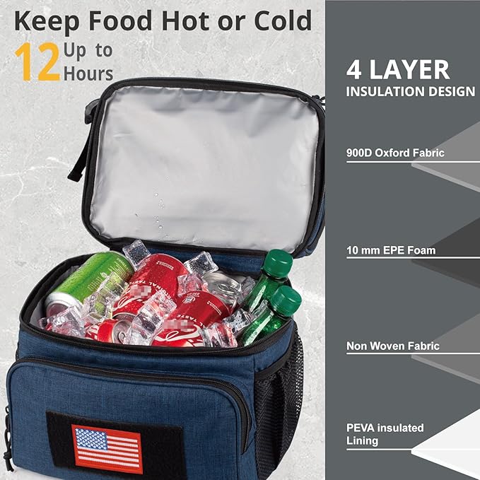 ATRIPACK 2 Compartment Lunch Bag for Men Adult, Tactical Lunch Box Leakproof Insulated Large Cooler Bag for Work with Adjustable Shoulder Strap Flag Double Layer Lunch Pail（Blue）