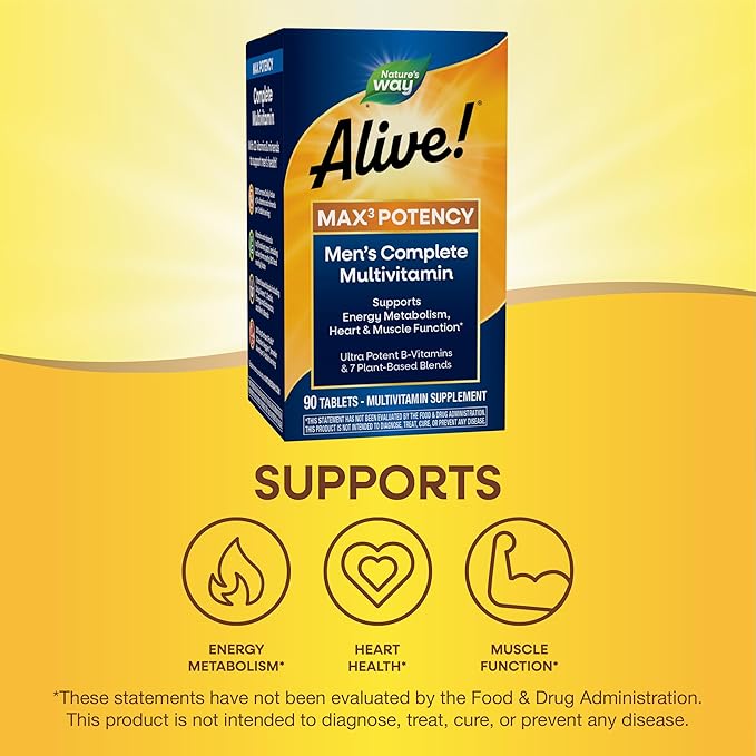 Nature’s Way Alive! Men’s Max3 Potency Multivitamin, Supports Energy Metabolism*, Heart & Muscle Function*, with Methylated B12 and Folate, Gluten-Free, 90 Tablets
