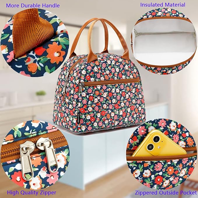 FlowFly Insulated Lunch Bag for Women, Men, and Kids, Large and Reusable, Handle, Freezable Work and School Travel Tote and Meal Prep Organizer, Waterproof Polyester,Floral