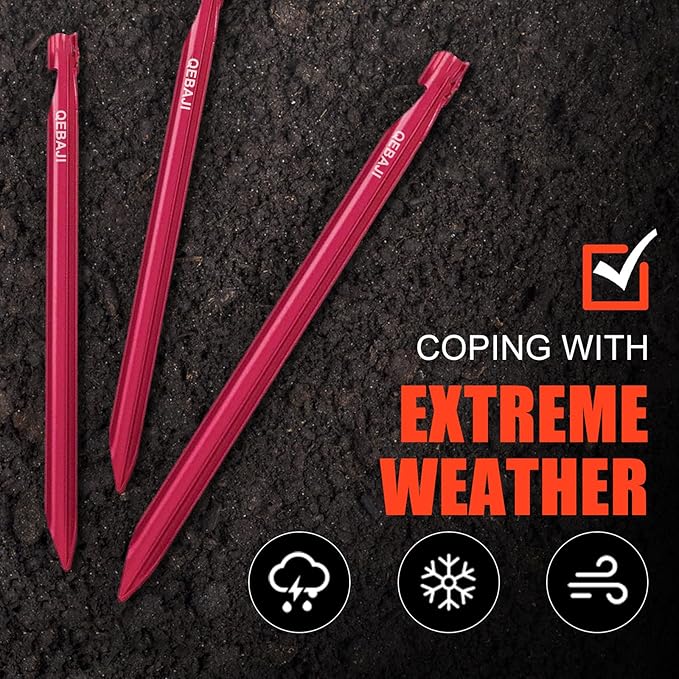 6 Pieces Tent Stakes Heavy Duty Camping Stakes, QEBAJI 7.5 inch Rust-Free Metal Tent pegs Ground Stakes Tent pegs Camping，6pack Red