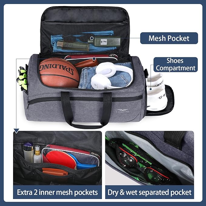 FIORETTO 35L Mens Sports Gym Duffle Bag with Wet Pocket & Shoe Compartment, Overnight Weekender Bag with Padded Shoulder Strap, Ideal for Travel, Gym, Sports, Swimming, Grey
