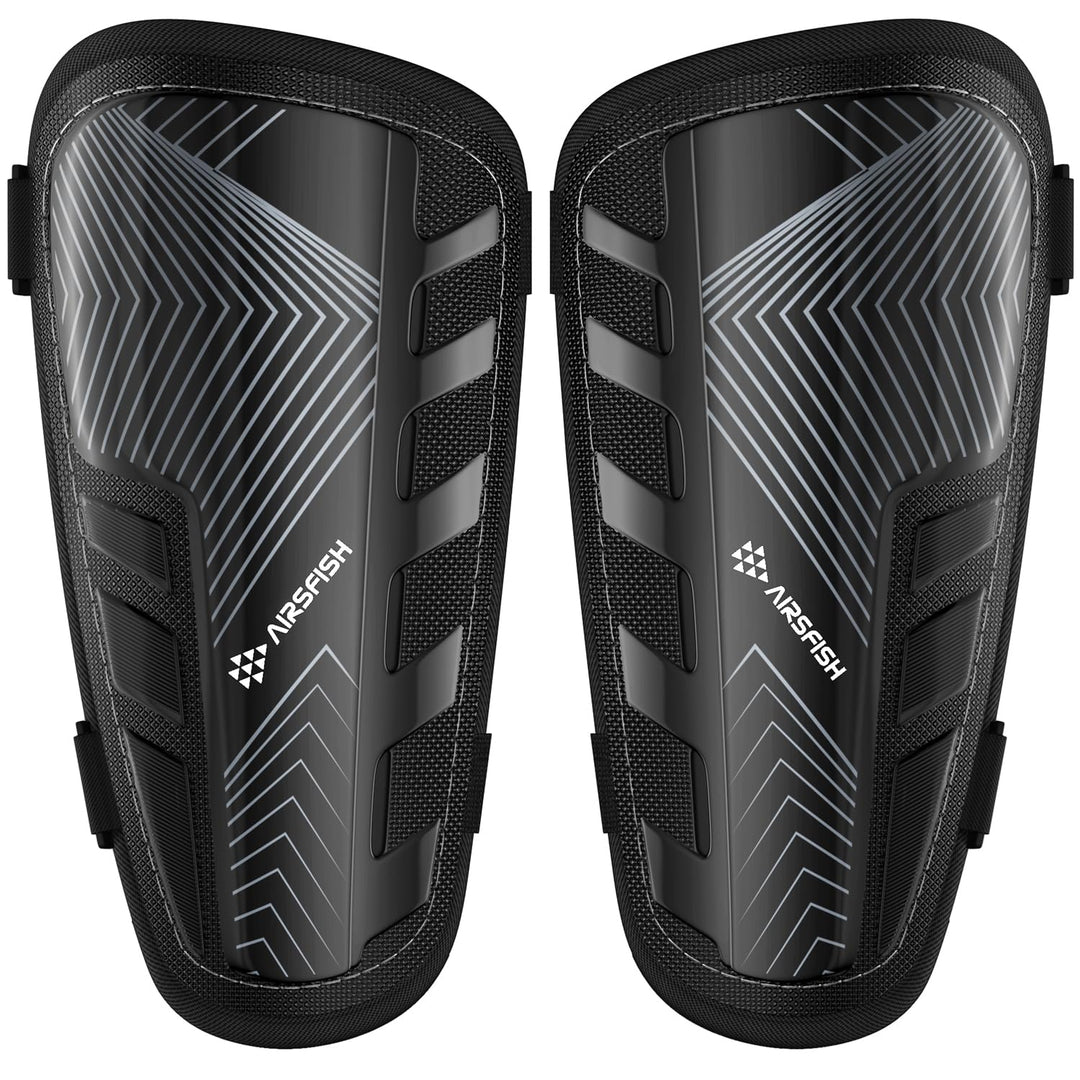 Upgraded Soccer Shin Guards Kids Youth, CE Certified AirsFish Shin Pads Protection Gear for 2-18 Years Old Boys Girls Teenagers EVA High Impact Resistant Breathable Comfortable 1 Pair Dark Black XS