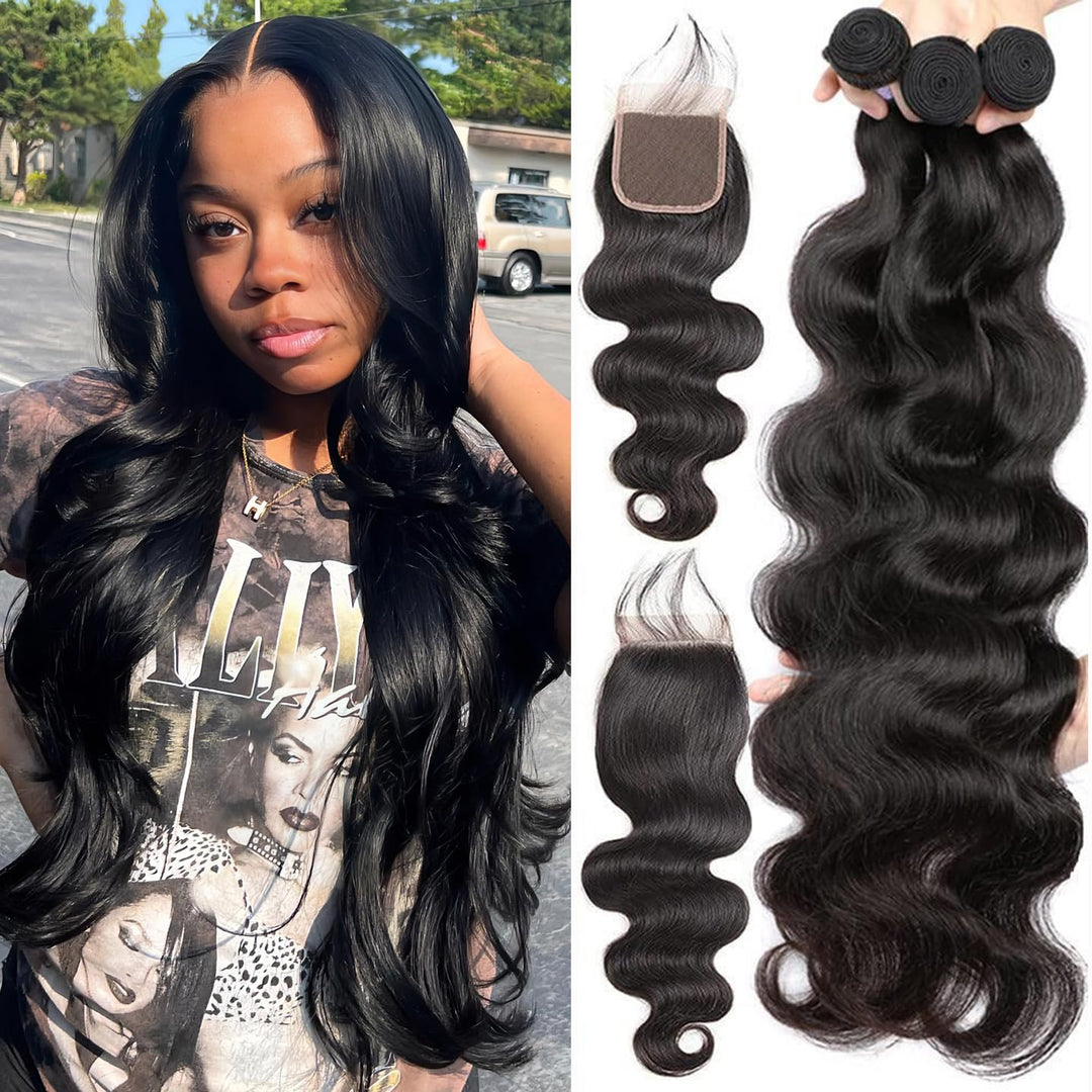 Releek Body Wave Bundles With Closure (20 22 24+18) Inch Wavy Brazilian Virgin Ocean Wave Human Hair 3 Bundles With 4X4 Lace Clo