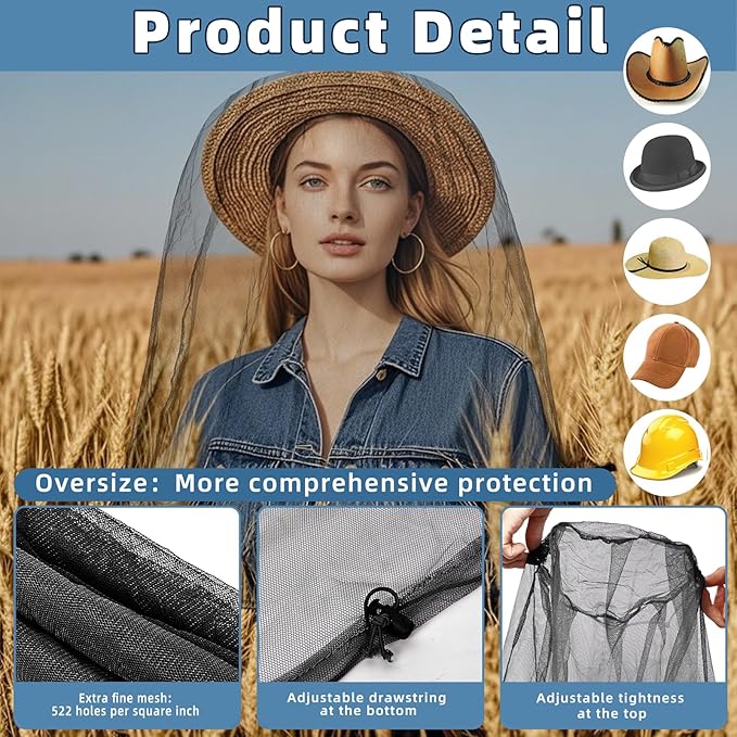 2 Pack Ultra Large Mosquito Net 42x25 Inches Mosquito Head Net Oversized Insect Netting Bug Fits Most Hats for Gardening Hiking Fishing Traveling(Black)