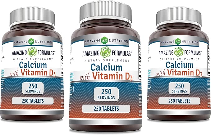 Amazing Formulas Calcium with Vitamin D3 Supplement - Supports Calcium Absorption* -Promotes Strong Bones & Teeth* -Supports Nerve & Muscle Functions* (Tablets, 250 | 3 Pack)