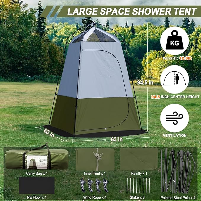 Camping Shower Tent, Oversize Pop Up Changing Tent, Portable Outdoor Bathroom Toilet Tent with Floor, Easy Set Up Privacy Shelter for Dressing, Hiking, Fishing, UPF50+