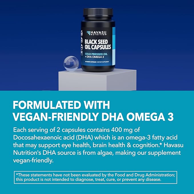 Black Seed Oil with DHA Supplement for Brain Health and Cognition - Cold Pressed Black Cumin Seed Oil and DHA Omega 3-60 Liquid Capsules, Unflavored, Vegan, Non-GMO, and Gluten-Free - 1 Month Supply