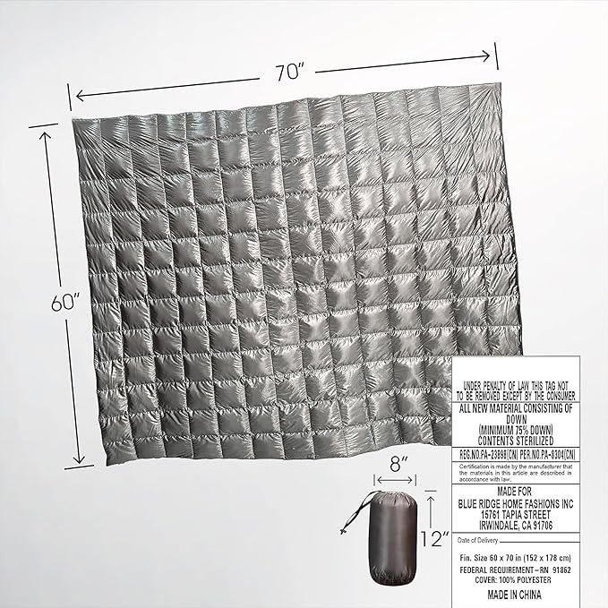 Blue Ridge Home Fashions Down Throw Camping Blanket - Packable Lightweight Down Throw Blanket for Outdoor Travel Hiking Picnic RV, Puffy Warm Blanket 60" x 70" with Carry Bag, 650 Fill Power