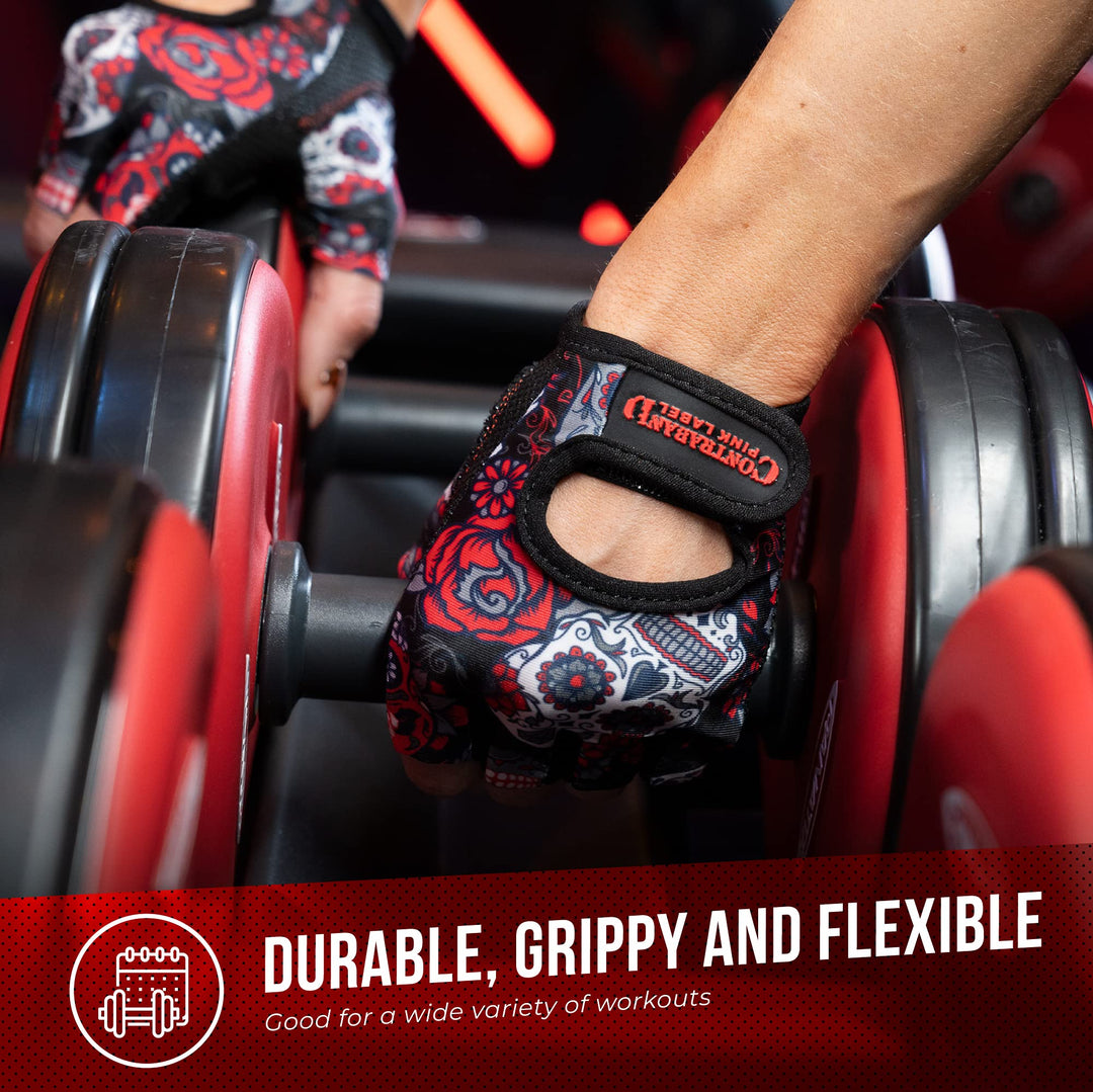 Contraband Pink Label 5237 Womens Designer Workout Gloves | Sugar Skull Print w/Grip-Lock™ Padding (Red, X-Small)