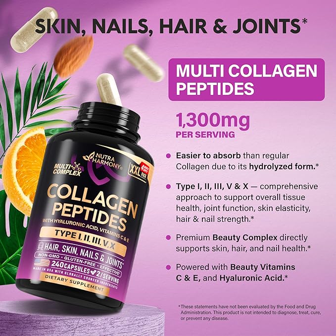Multi Collagen Peptides - Hydrolyzed Types I, II, III, V & X - Collagen Supplement for Women 1300mg - w/ Hyaluronic Acid, Vitamins C & E - Skin, Hair, Nails & Joint Support - Made in USA, 240 Capsules