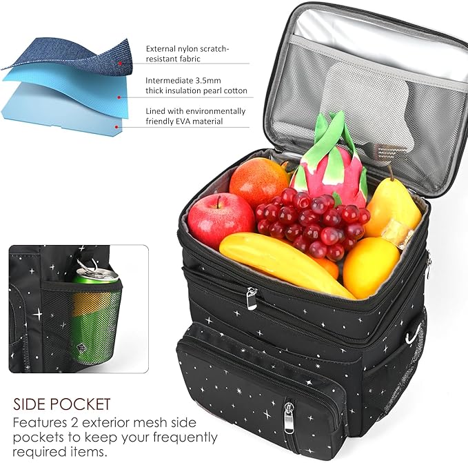 MIYCOO Lunch Bag & Lunch Box for Men Women Double Deck - Leakproof Insulated Soft Large Adult Lunch Cooler Bag for Work (Black Starry Sky,15L)