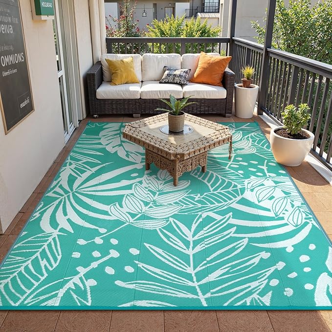 Anidaroel Leaf Outdoor Rugs 6x9ft for Patios Clearance Waterproof, Reversible Tropical Plastic Straw Camping Mat Outside Rug, Large Outdoor Area Rug for RV, Deck, Balcony, Picnic(Blue,6'x9')