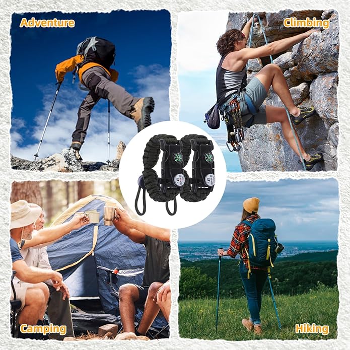 Adjustable Survival Paracord Bracelet, 2 Pack Emergency Fire Starter Kit with Loud Whistle Compass Light Flint Steel for Hiking Fishing Hunting, Tactical Gear Equipment Multitools