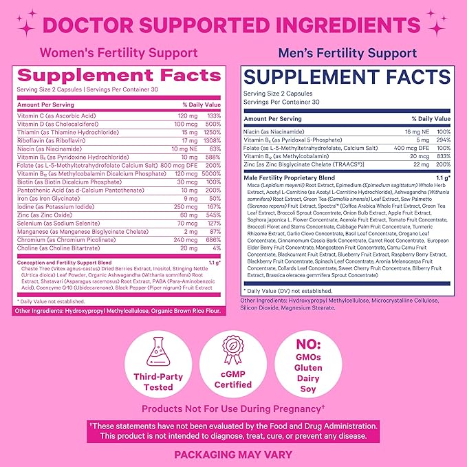 Pink Stork His and Hers Fertility Bundle: Fertility Supplements for Women, Fertility Supplements for Men, Fertility Prenatal Vitamin, Vitex, Inositol, Folate, Vitamin B6, 60 Capsules