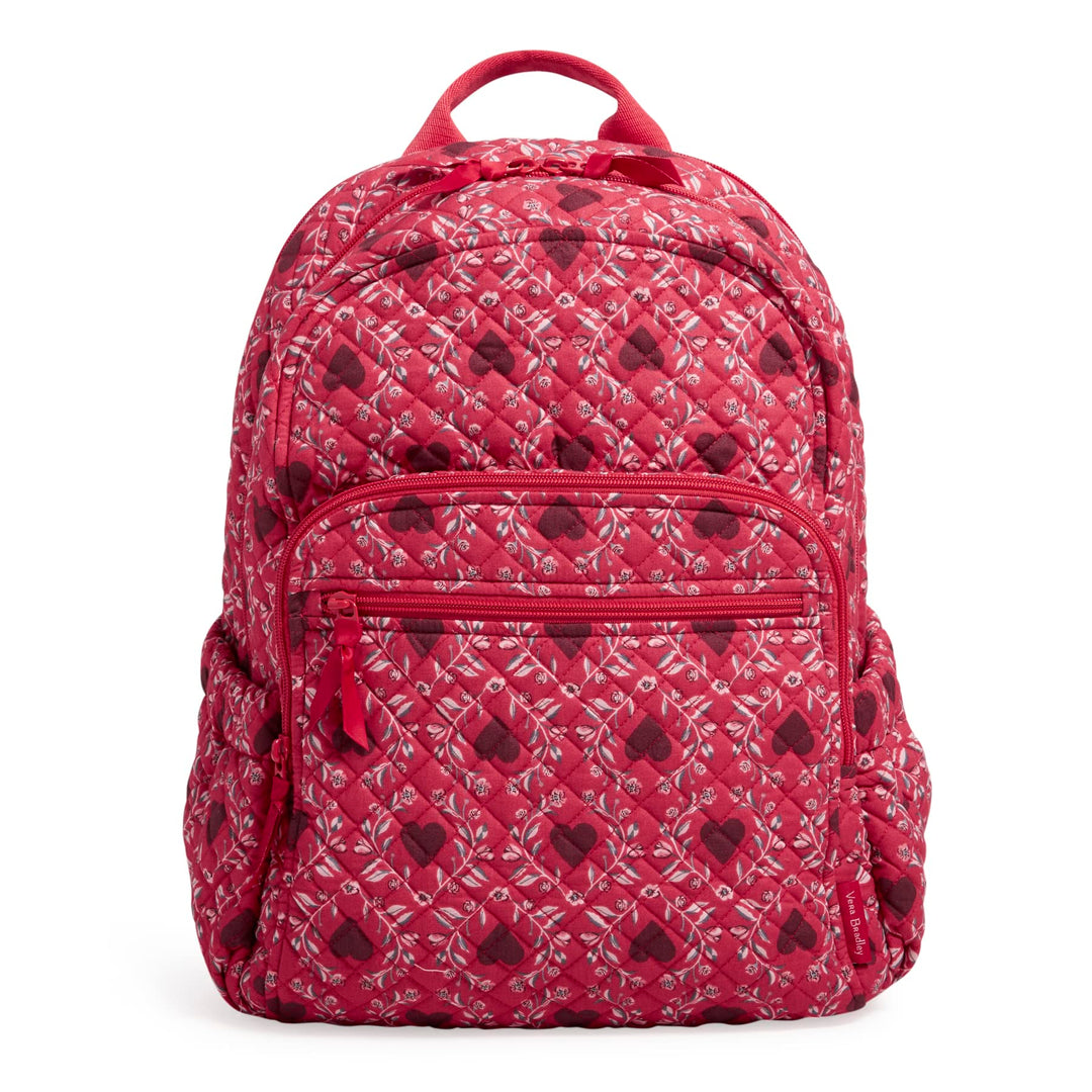 Vera Bradley Women's Cotton Campus Backpack, Imperial Hearts Red - Recycled Cotton, One Size