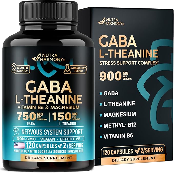 GABA L-Theanine 900 mg - Made in USA - Magnesium | Vitamin B6 - Calm, Sleep, Relaxation & Mood Support - 750 mg Gamma AminoButyric Acid, 150 mg L-Theanine - Non-Habit Forming, Vegan - 120 Capsules