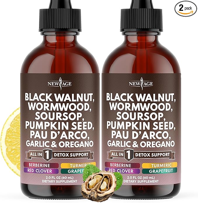 Black Walnut Wormwood Cleanse Drops - Liquid Soursop, Garlic, Pumpkin Seed, PAU D'Arco, Oil of Oregano, Turmeric, Berberine, Neem Extract, Hull Bark, Tincture - - 4oz