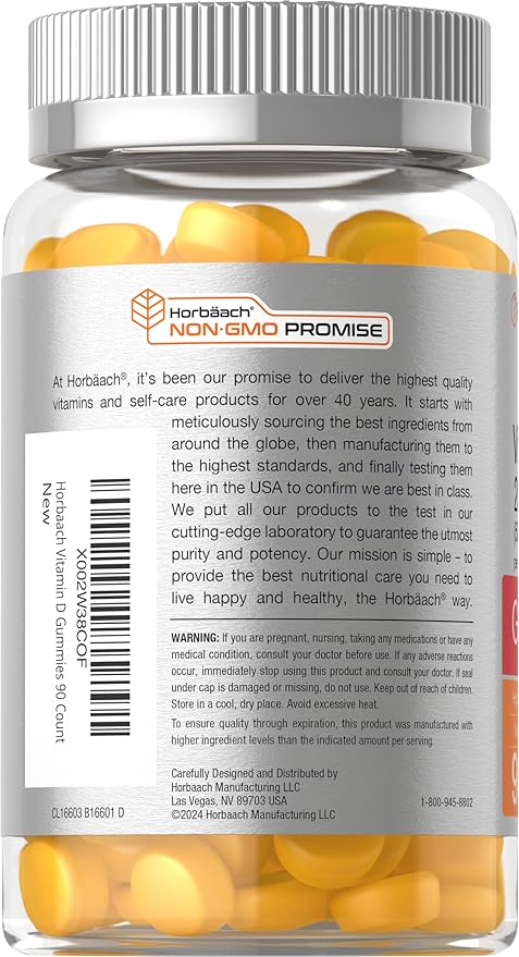 Horbäach Vitamin D3 2000iu Gummies | 90 Count | Vegetarian | Pineapple Flavor | 50 mcg | Non-GMO, Gluten Free Vitamin D Supplement