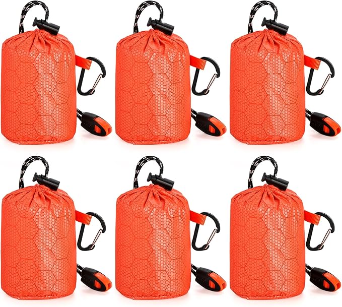 6 Pack Emergency Survival Sleeping Bags, Thermal Bivy Sack Blanket, Lightweight Portable Nylon Sack with Whistle, Aluminized PE Survival Gear Supplies for Camping Hiking, Outdoor Adventure