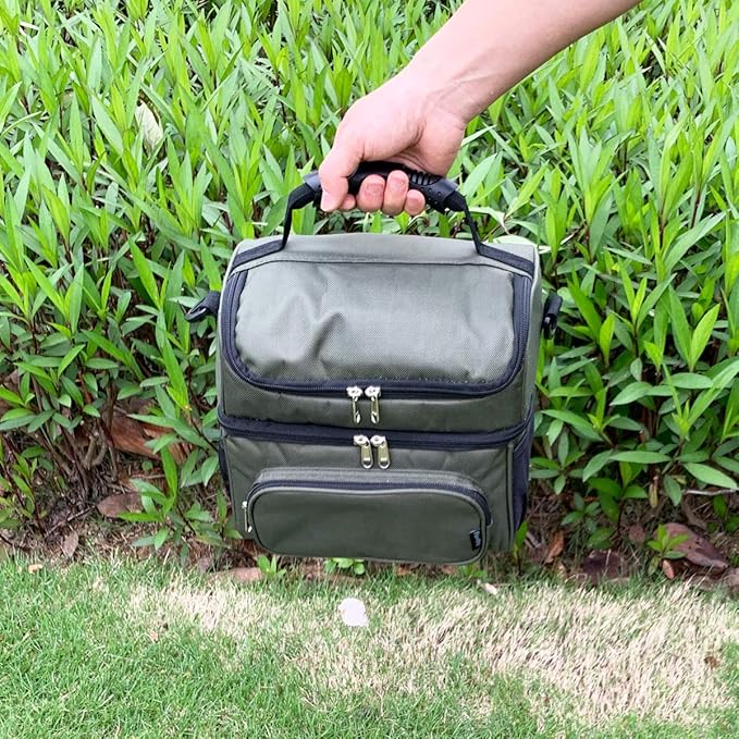 FlowFly Double Layer Cooler Insulated Lunch Bag Adult Lunch Box Large Tote Bag for Men, Women, With Adjustable Strap,Front Pocket and Dual Large Mesh Side Pockets