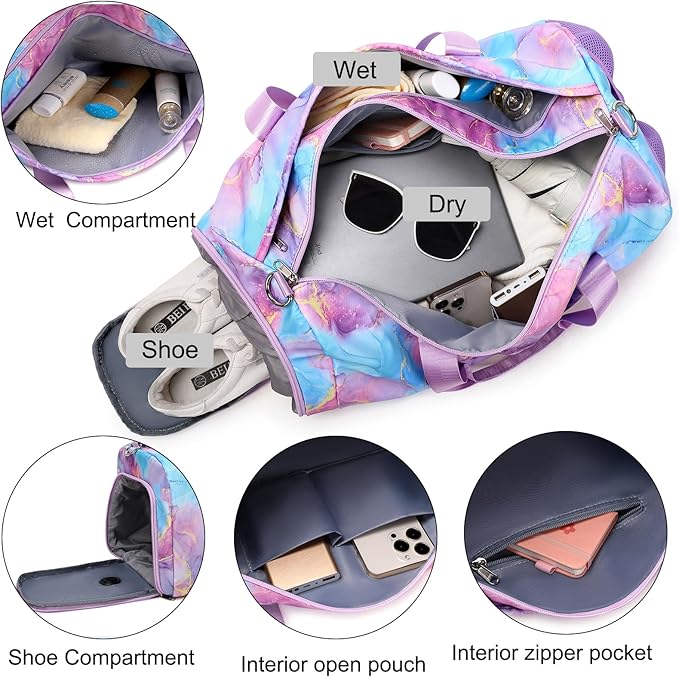 Gym Bag Sports Duffle Bag Dance Bag Ballet Bag with Separate Dry Wet Pocket and Shoes Compartment Weekender Overnight Bag Travel Foldable Bag for Girls Teen Women(Purple)