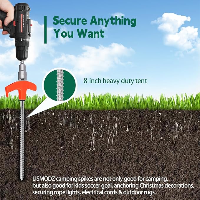 20 Pack 8" Screw in Tent Stakes for Drilling with Hex Heads - Heavy Duty Stainless Steel Tent Pegs/Nails/Spikes, Ground Anchors, Grow in Dark - for Camping, Grassland, Portable Box (Orange)