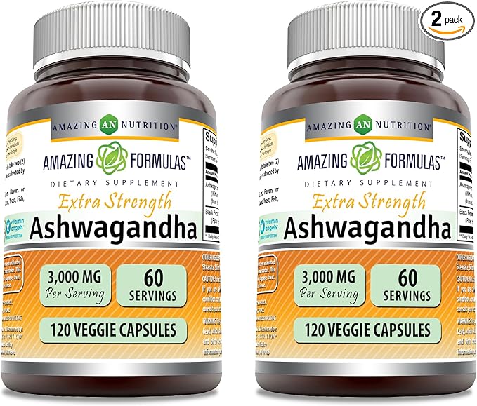 Amazing Formulas Ashwagandha Extract Supplement | 3000 Mg Per Serving | 120 Veggie Capsules | Non-GMO | Gluten-Free | Made in USA | (2 Pack)