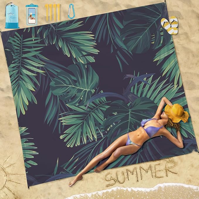 Beach Blanket Sandproof Waterproof 78''×81''1-5 Adults Oversized,Compact Lightweight Durable Beach Mat for Travel Camping Hiking Picnic Blanket