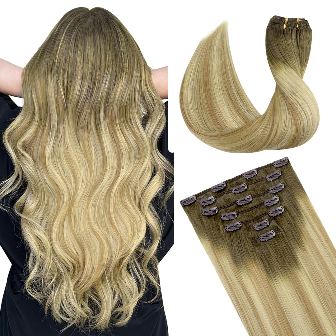 Doores Hair Extensions Clip In, Light Ash Brown To Light Blonde Highlighted Golden Blonde 18 Inch120G 7Pcs, Remy Clip In Human H